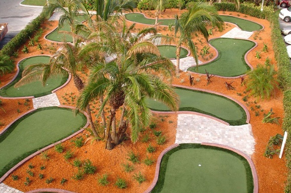 Detroit and all of Michigan Aerial view of a mini golf course with synthetic grass and palm trees.